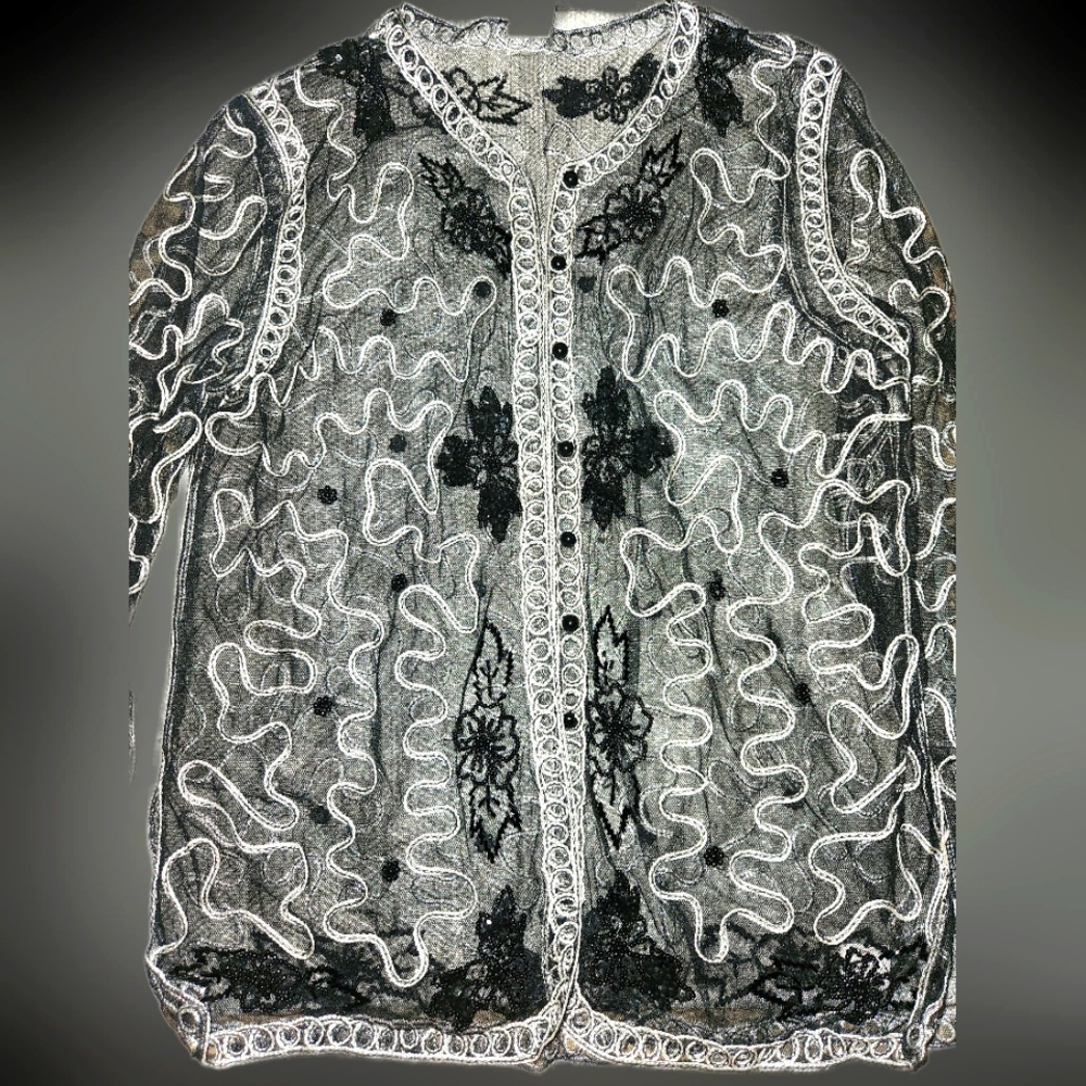 VTG Fina Moda OSFM Formal Evening Lace Embroidered Beaded Jacket Black Silver